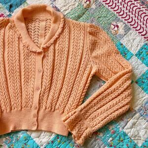 Vintage 40s/50s Creamsicle Hand Knit Ruffled Peaked Puff Sleeve Cardigan Sweater